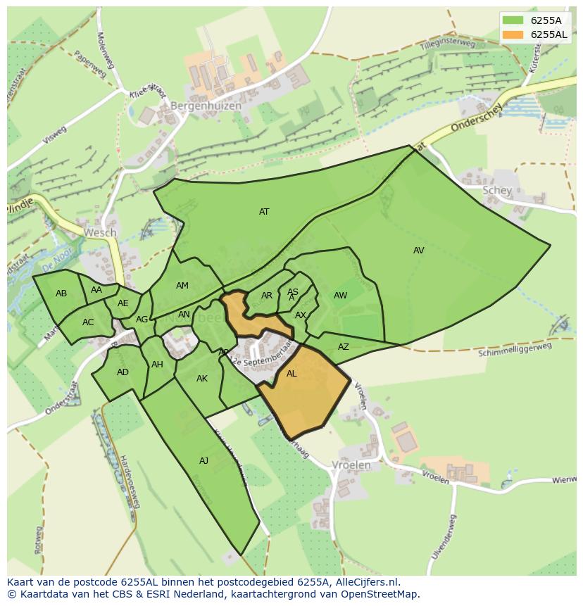 Afbeelding van het postcodegebied 6255 AL op de kaart.