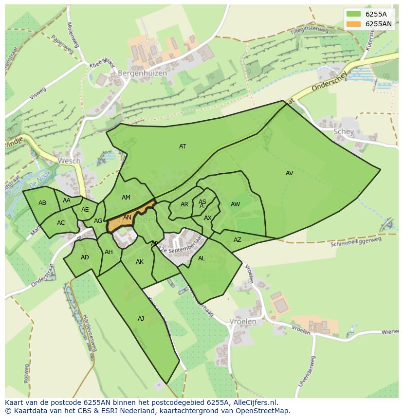 Afbeelding van het postcodegebied 6255 AN op de kaart.