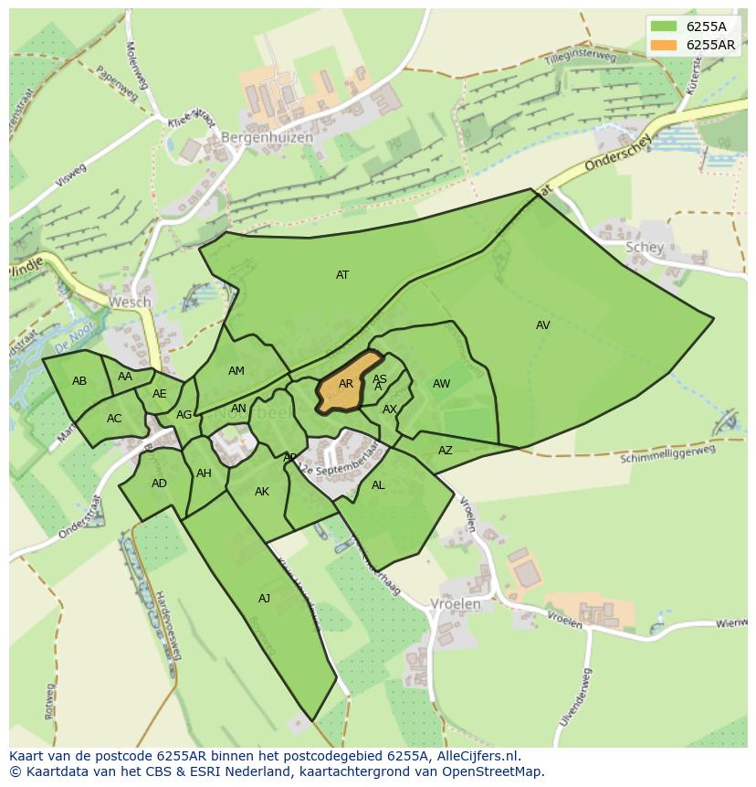 Afbeelding van het postcodegebied 6255 AR op de kaart.
