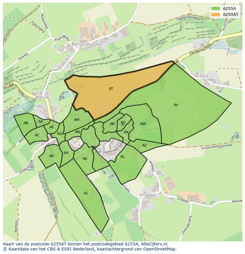 Afbeelding van het postcodegebied 6255 AT op de kaart.