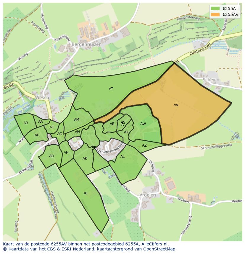 Afbeelding van het postcodegebied 6255 AV op de kaart.