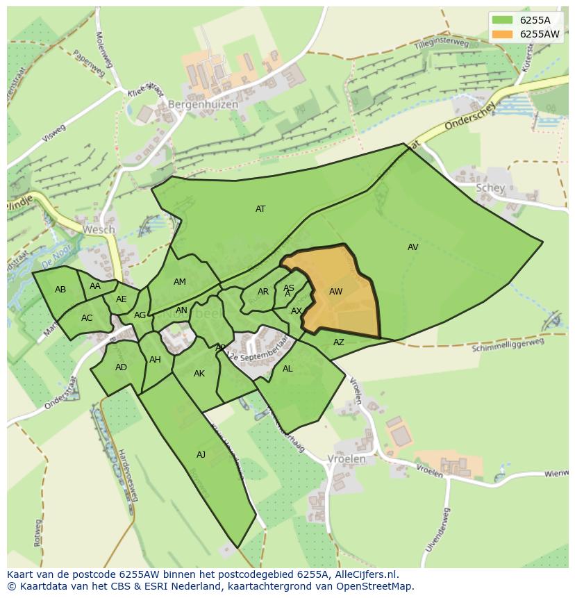 Afbeelding van het postcodegebied 6255 AW op de kaart.