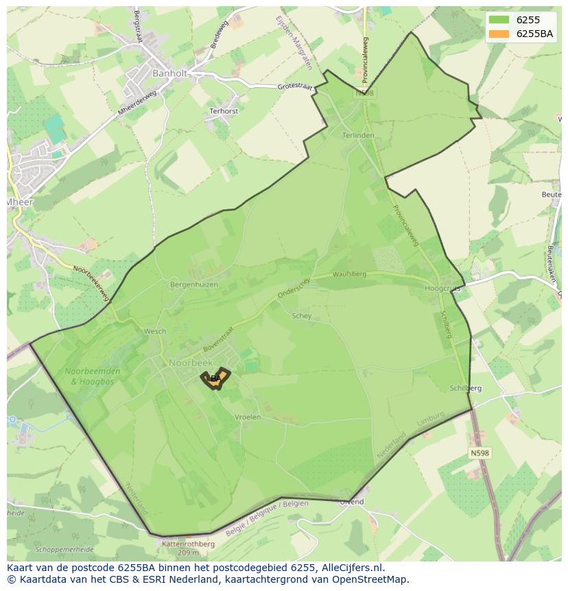Afbeelding van het postcodegebied 6255 BA op de kaart.