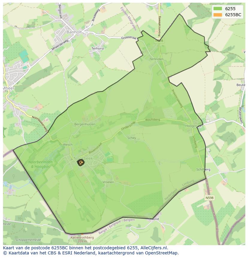 Afbeelding van het postcodegebied 6255 BC op de kaart.