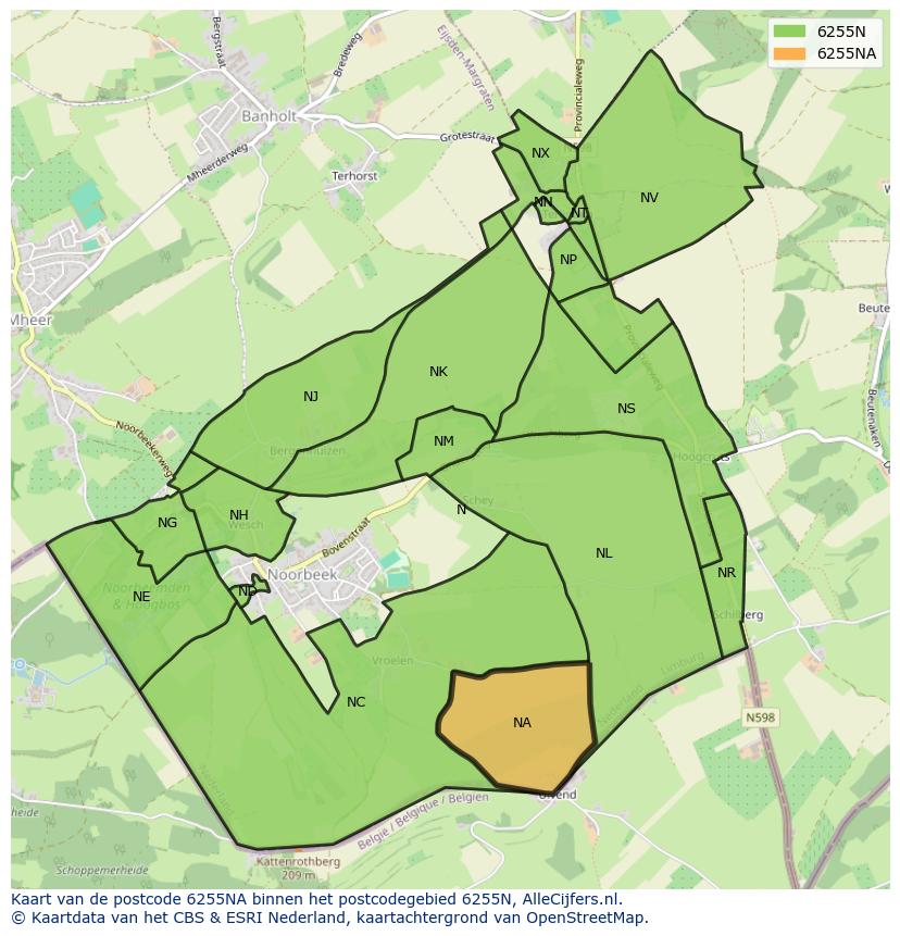 Afbeelding van het postcodegebied 6255 NA op de kaart.