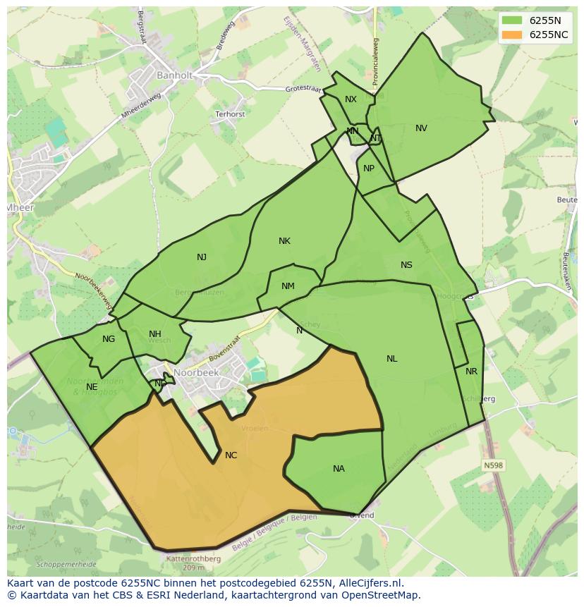 Afbeelding van het postcodegebied 6255 NC op de kaart.