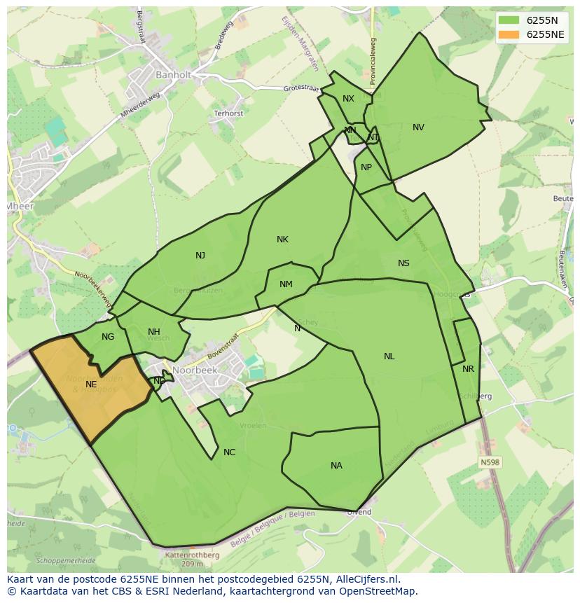 Afbeelding van het postcodegebied 6255 NE op de kaart.