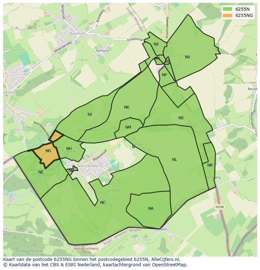 Afbeelding van het postcodegebied 6255 NG op de kaart.