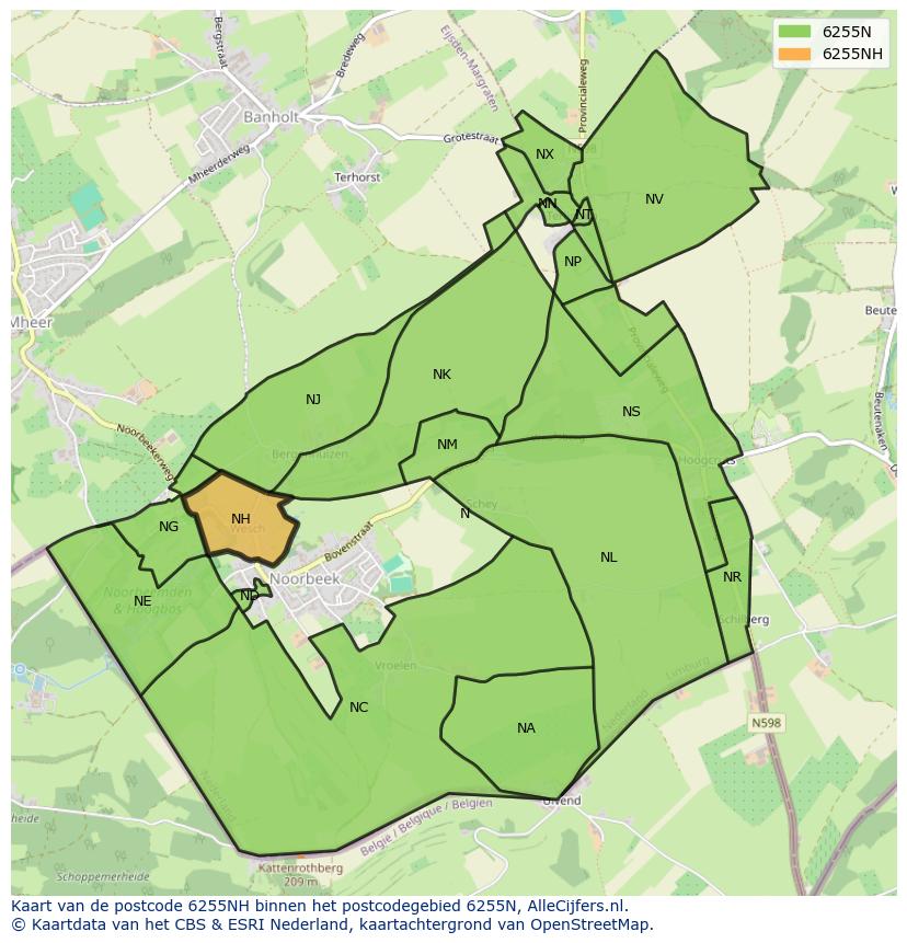 Afbeelding van het postcodegebied 6255 NH op de kaart.