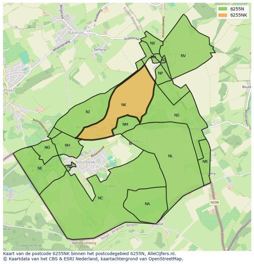 Afbeelding van het postcodegebied 6255 NK op de kaart.