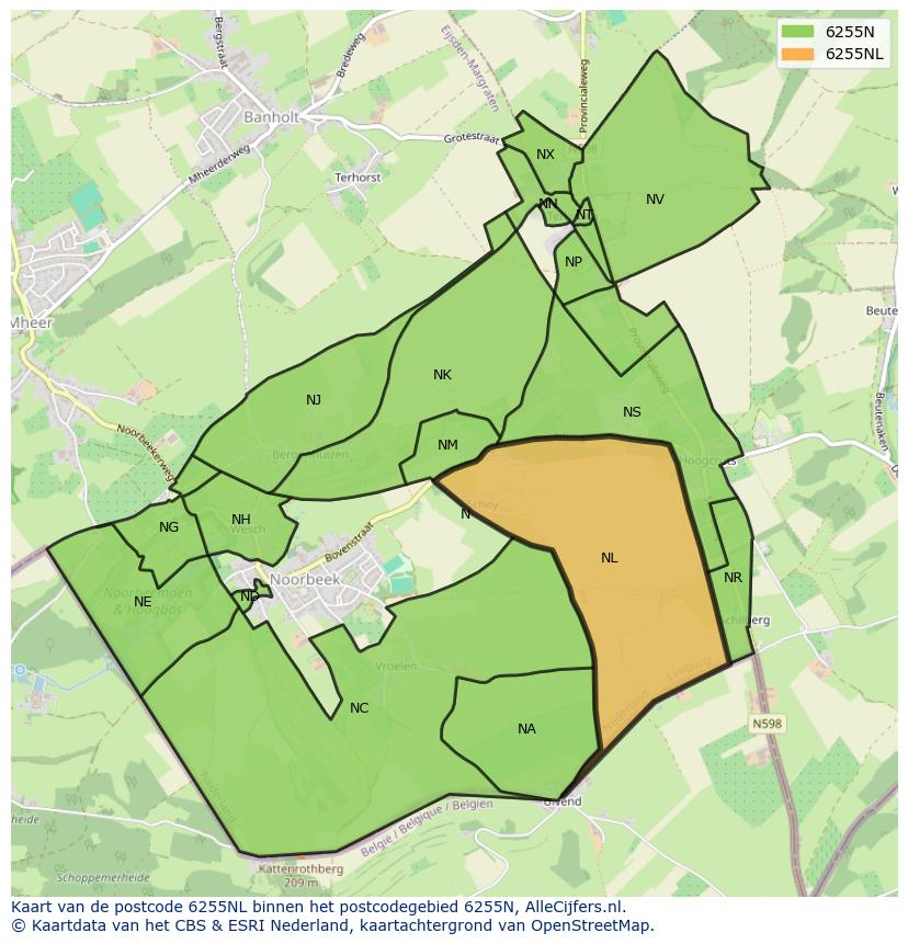 Afbeelding van het postcodegebied 6255 NL op de kaart.