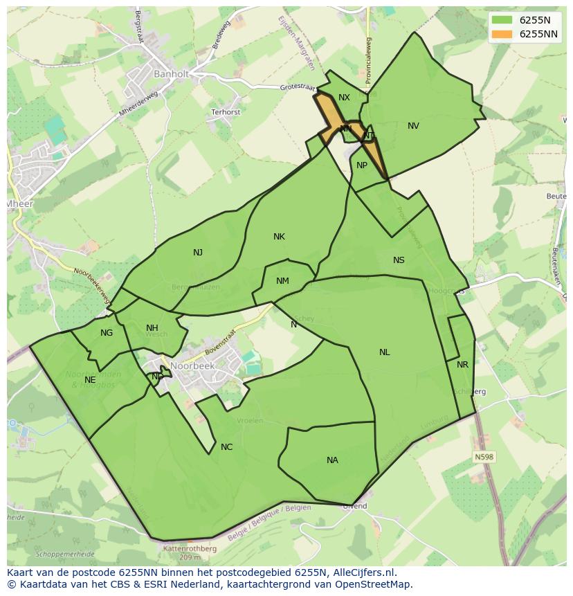 Afbeelding van het postcodegebied 6255 NN op de kaart.