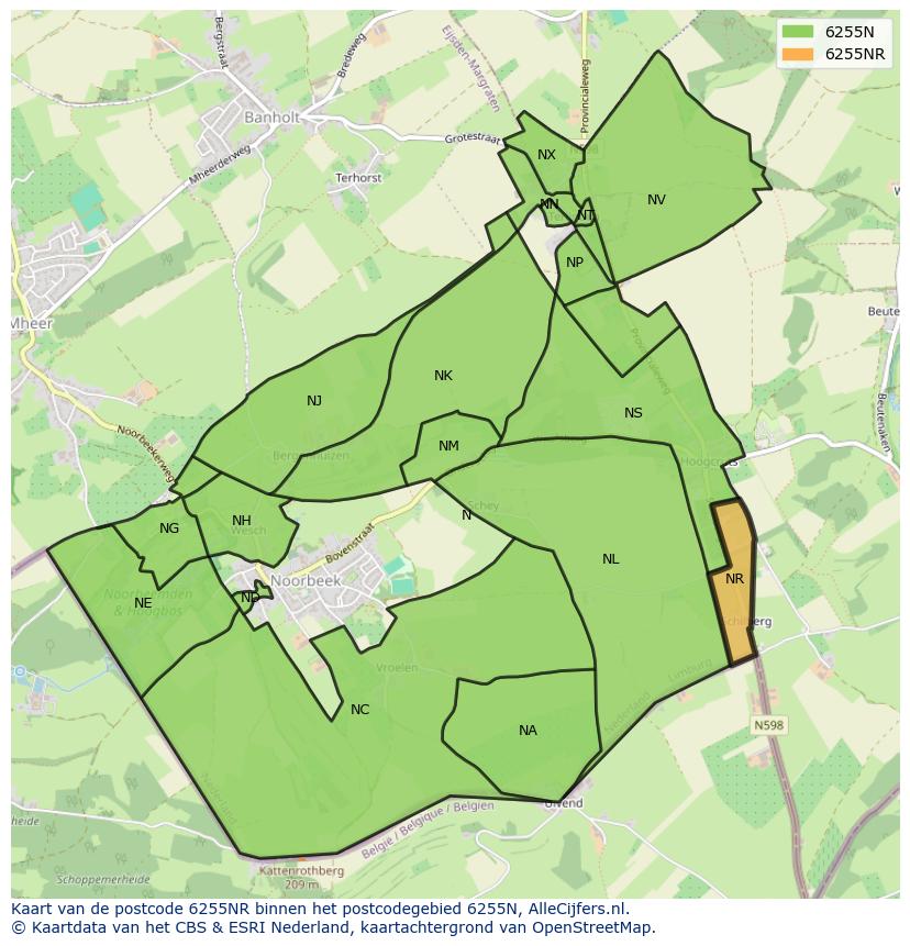 Afbeelding van het postcodegebied 6255 NR op de kaart.