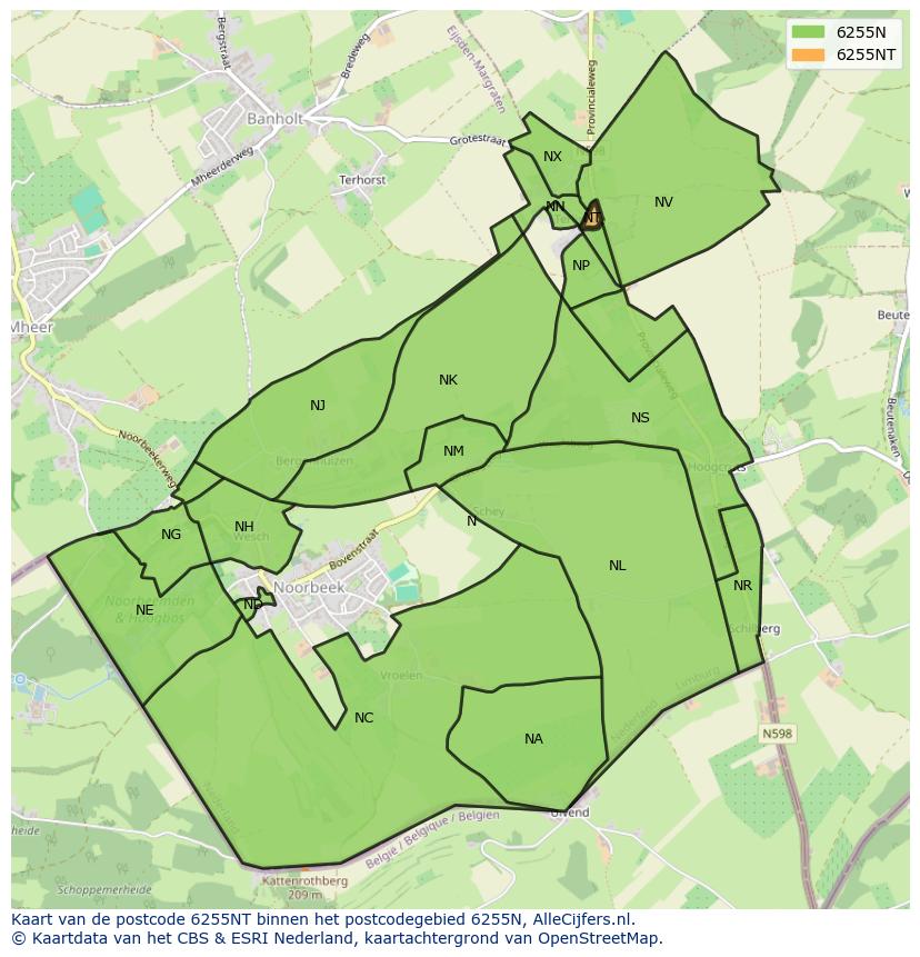 Afbeelding van het postcodegebied 6255 NT op de kaart.