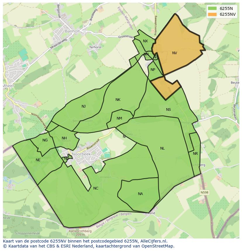 Afbeelding van het postcodegebied 6255 NV op de kaart.