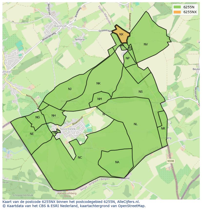 Afbeelding van het postcodegebied 6255 NX op de kaart.