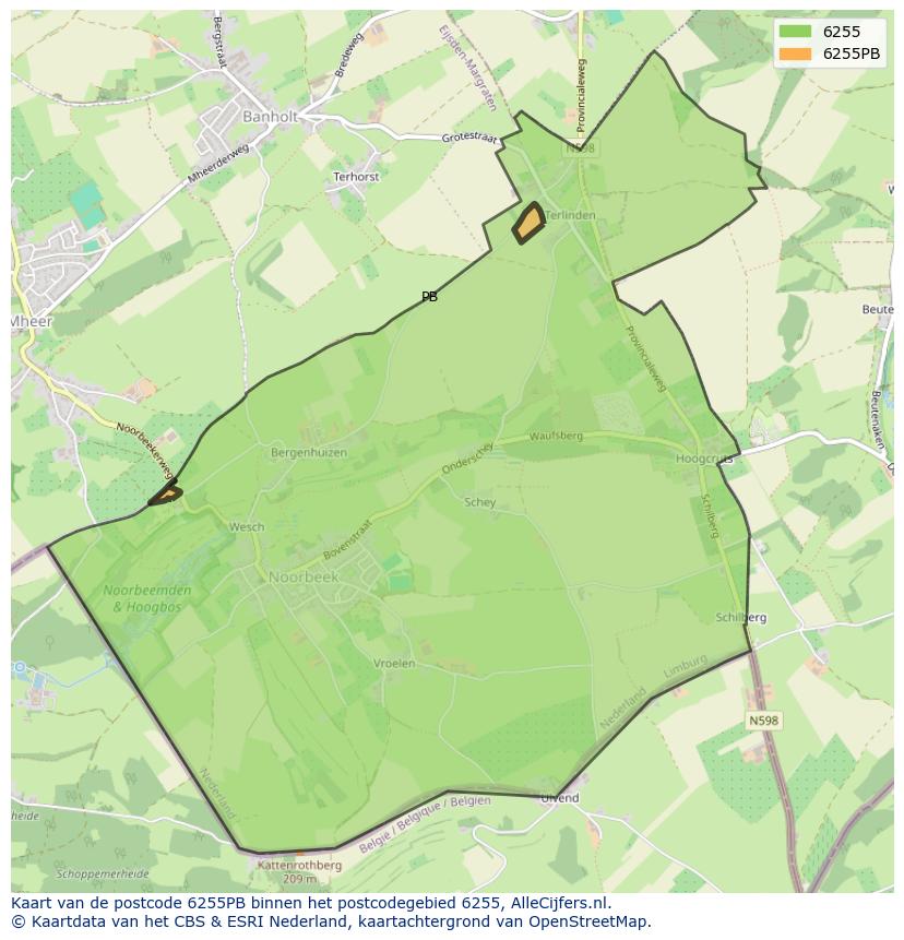 Afbeelding van het postcodegebied 6255 PB op de kaart.