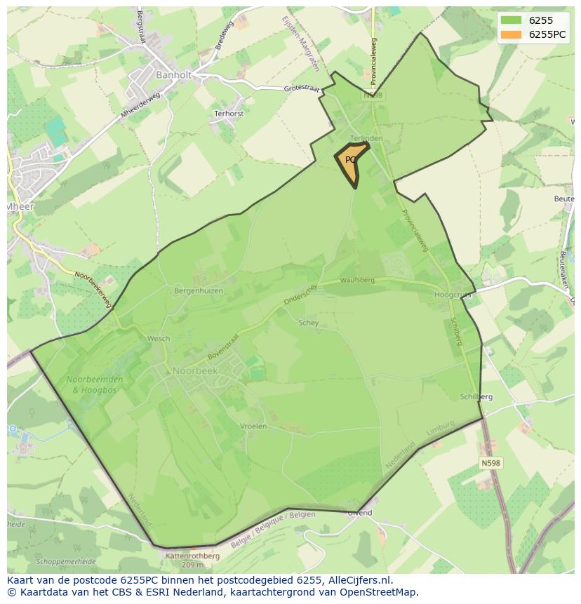 Afbeelding van het postcodegebied 6255 PC op de kaart.