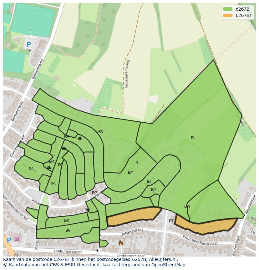 Afbeelding van het postcodegebied 6267 BT op de kaart.