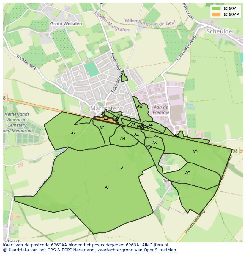 Afbeelding van het postcodegebied 6269 AA op de kaart.