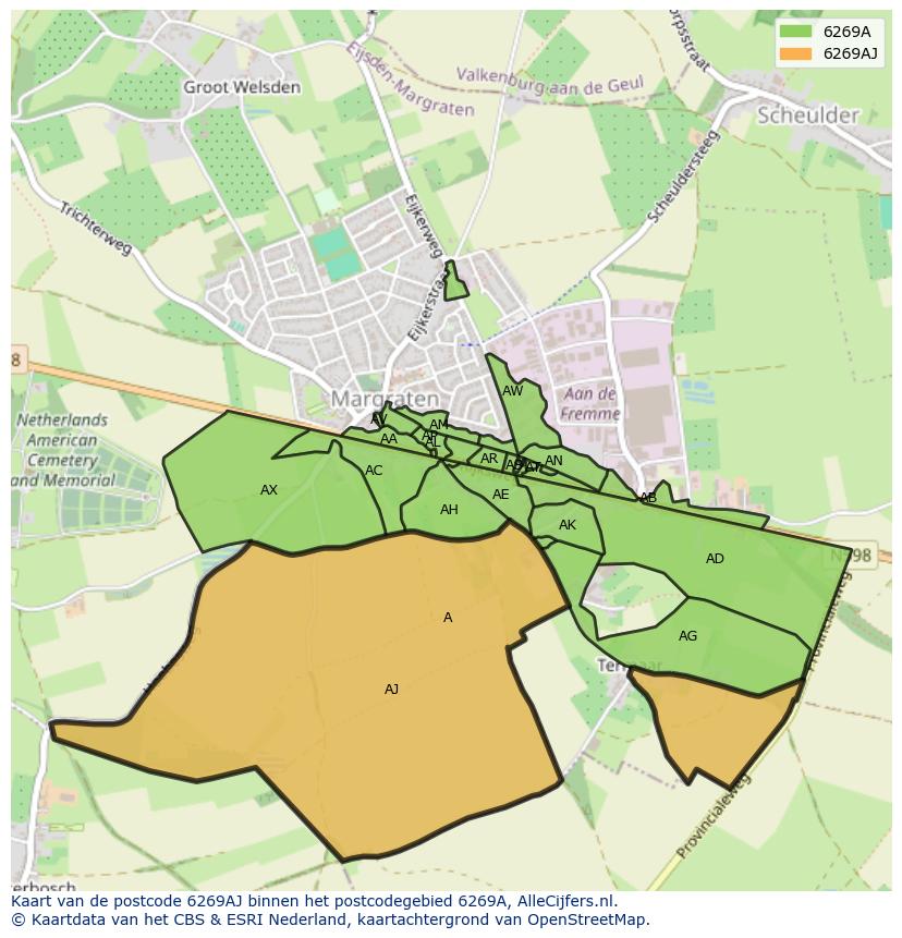Afbeelding van het postcodegebied 6269 AJ op de kaart.