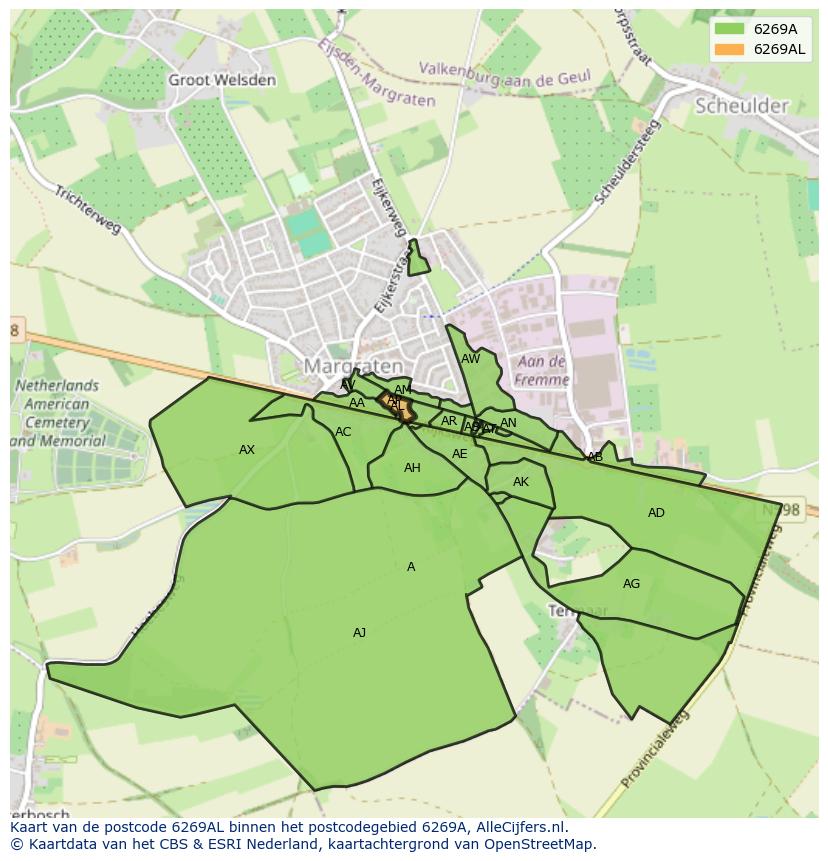 Afbeelding van het postcodegebied 6269 AL op de kaart.