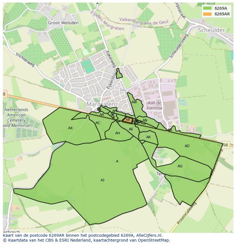 Afbeelding van het postcodegebied 6269 AR op de kaart.