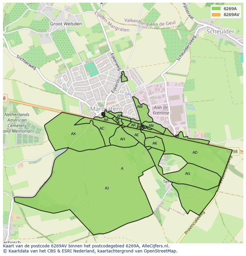 Afbeelding van het postcodegebied 6269 AV op de kaart.