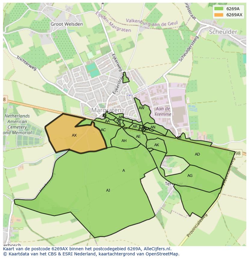 Afbeelding van het postcodegebied 6269 AX op de kaart.