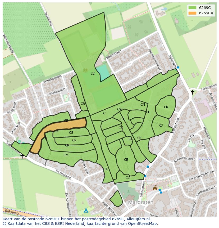 Afbeelding van het postcodegebied 6269 CX op de kaart.