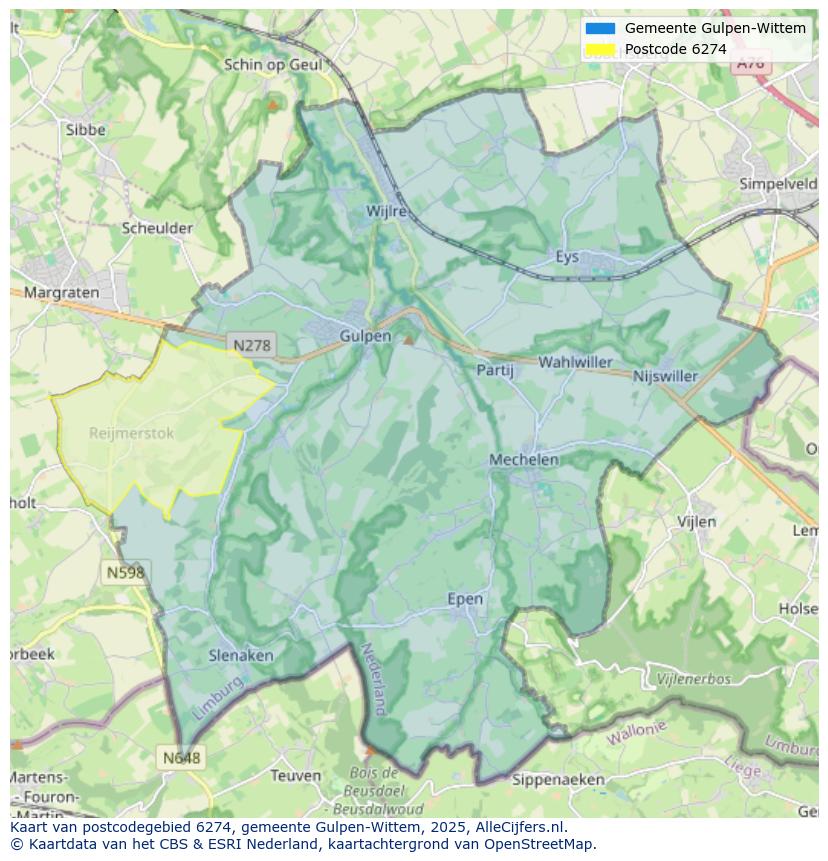 Afbeelding van het postcodegebied 6274 op de kaart.
