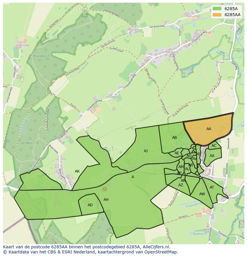 Afbeelding van het postcodegebied 6285 AA op de kaart.