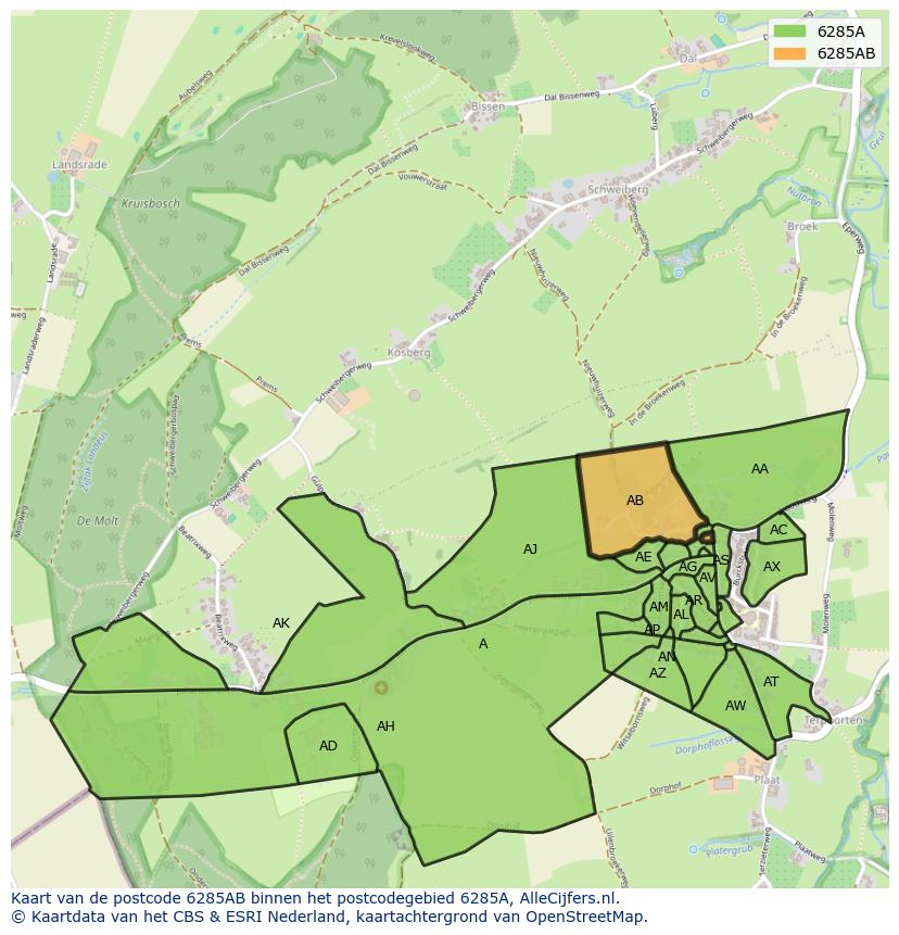 Afbeelding van het postcodegebied 6285 AB op de kaart.