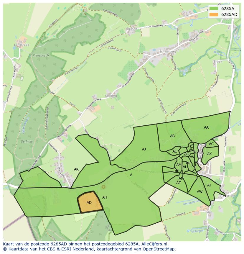 Afbeelding van het postcodegebied 6285 AD op de kaart.