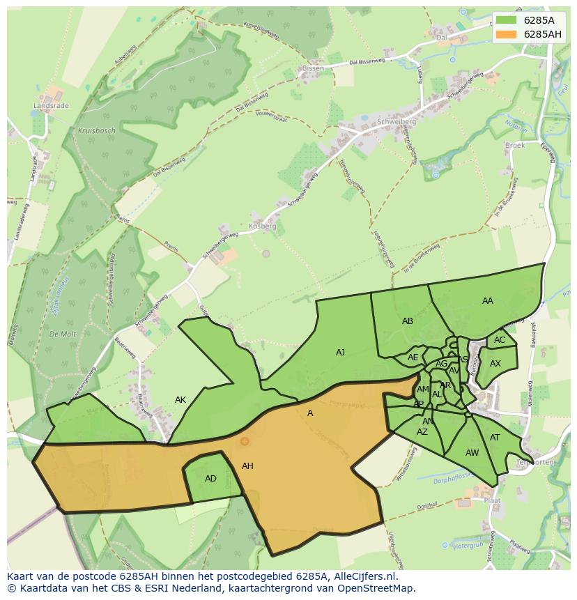 Afbeelding van het postcodegebied 6285 AH op de kaart.
