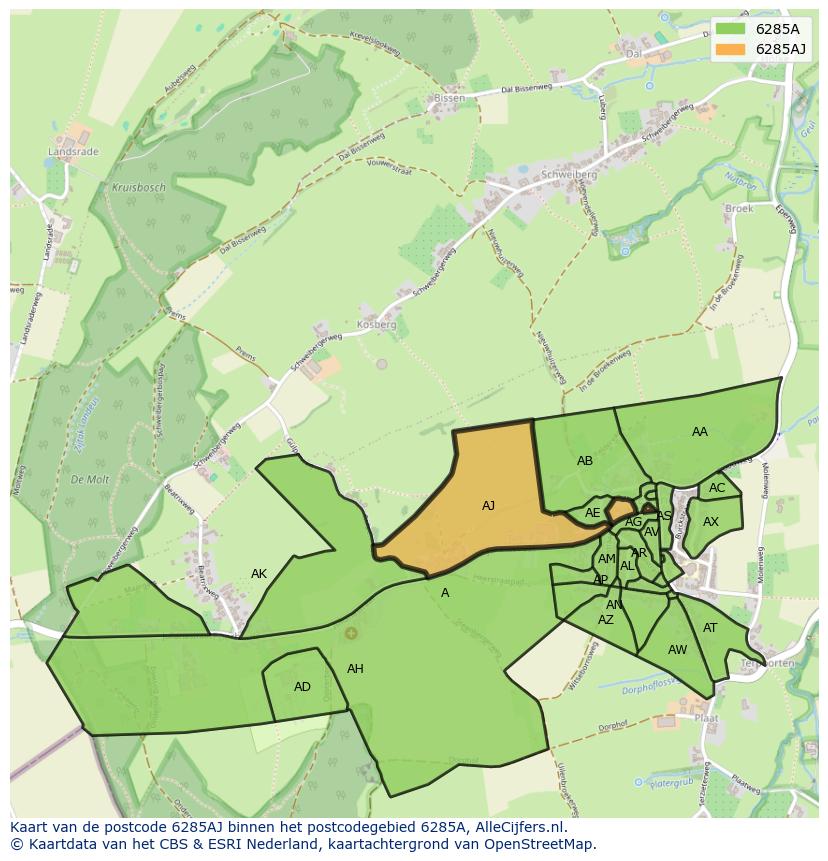 Afbeelding van het postcodegebied 6285 AJ op de kaart.