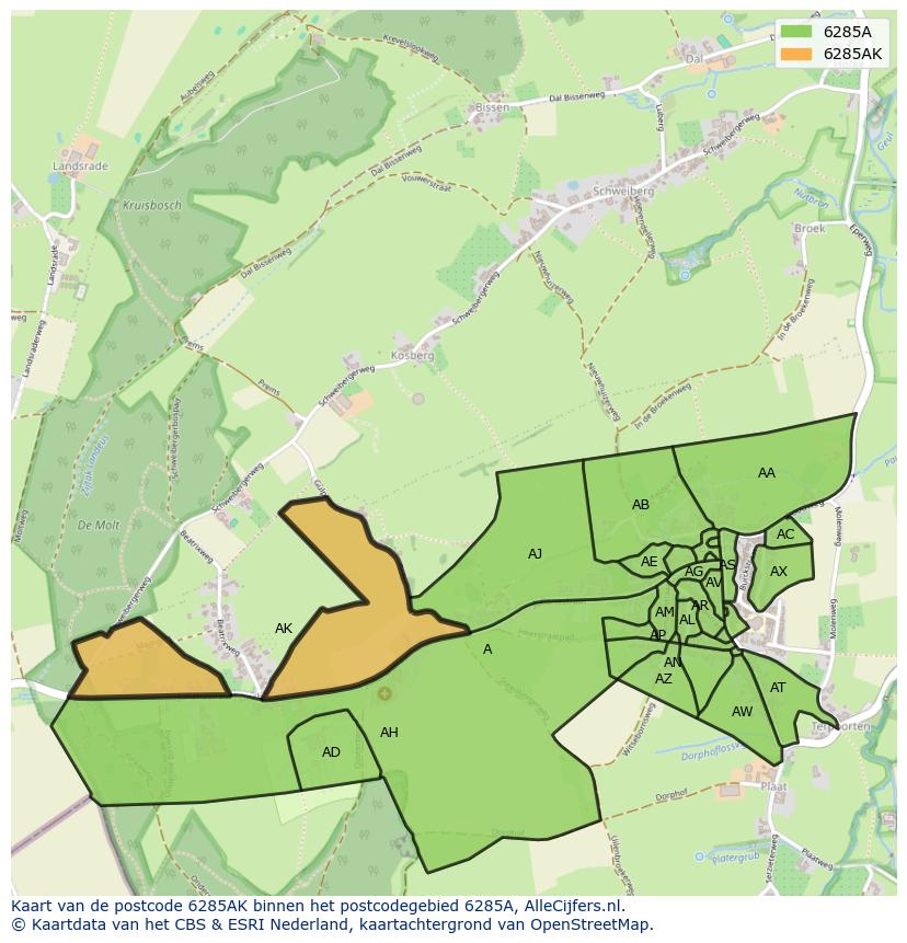 Afbeelding van het postcodegebied 6285 AK op de kaart.