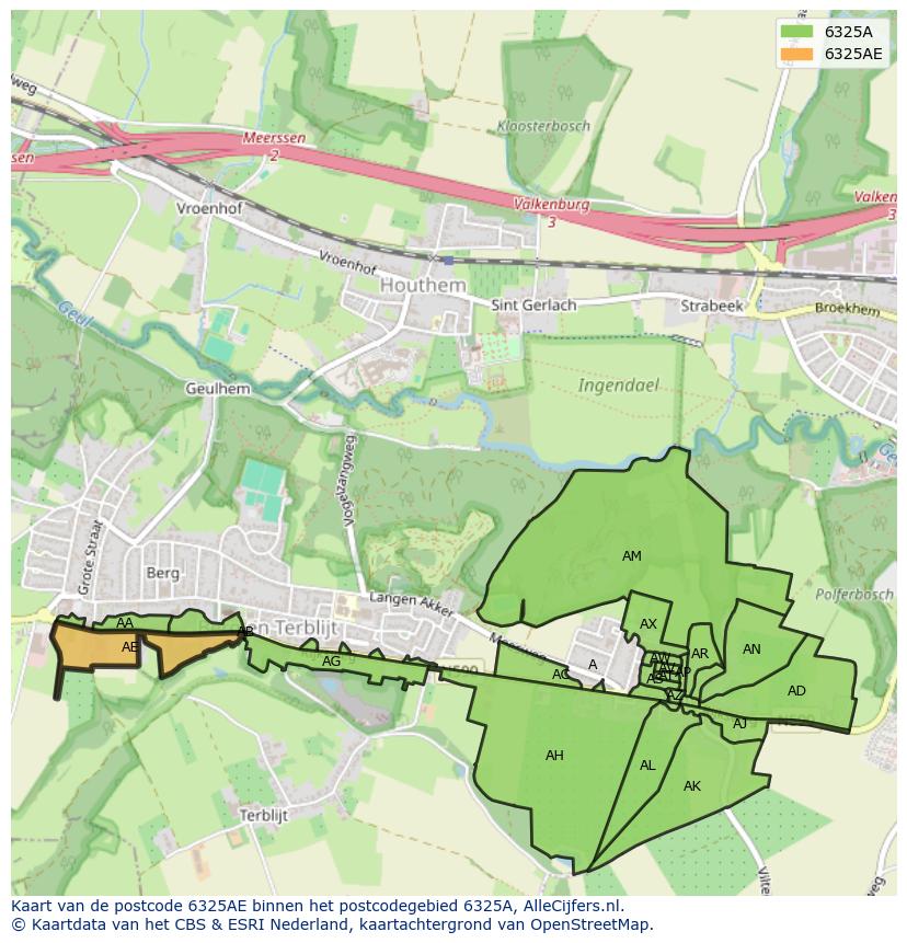 Afbeelding van het postcodegebied 6325 AE op de kaart.