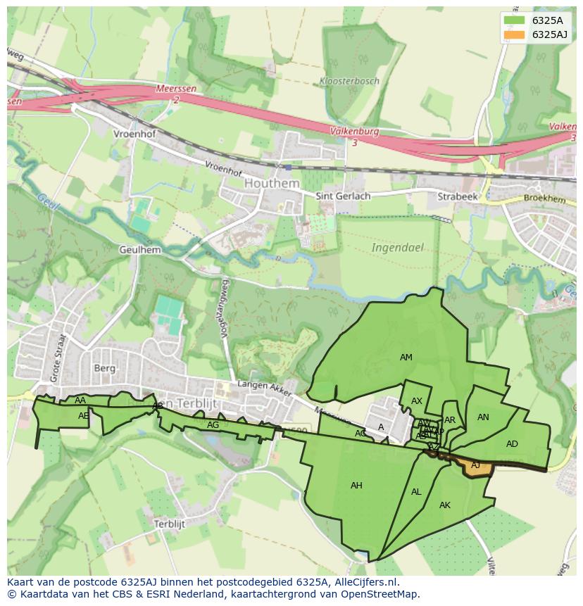 Afbeelding van het postcodegebied 6325 AJ op de kaart.