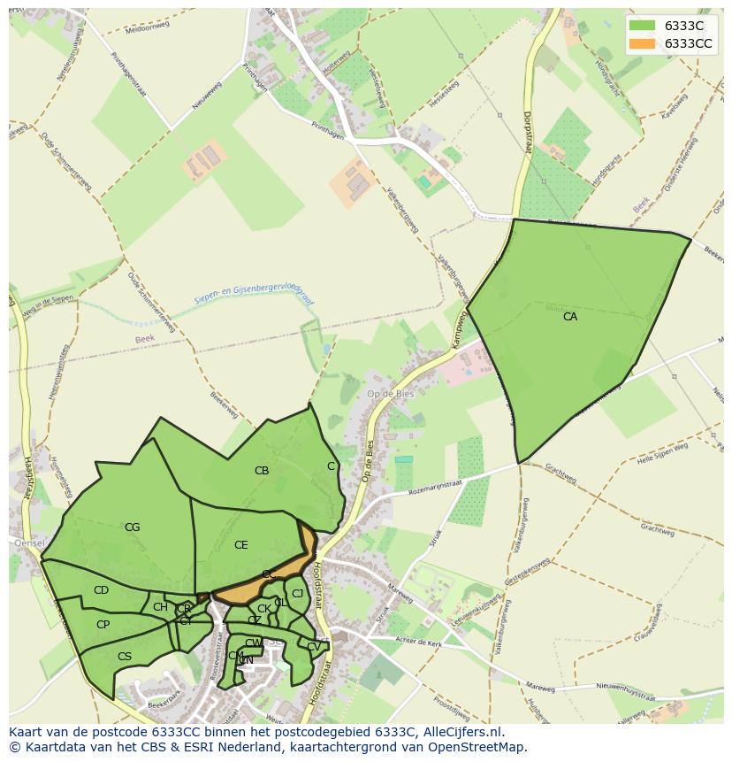 Afbeelding van het postcodegebied 6333 CC op de kaart.