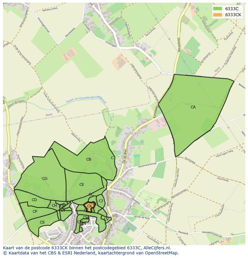 Afbeelding van het postcodegebied 6333 CK op de kaart.