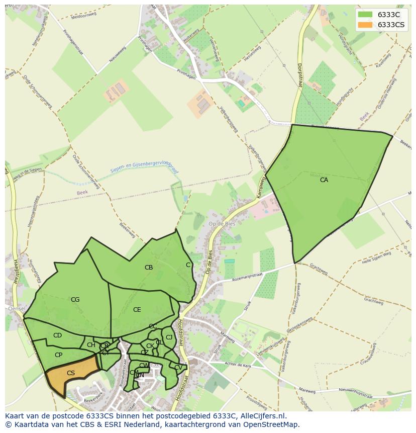 Afbeelding van het postcodegebied 6333 CS op de kaart.