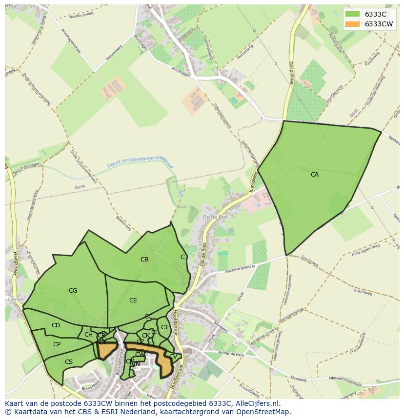 Afbeelding van het postcodegebied 6333 CW op de kaart.