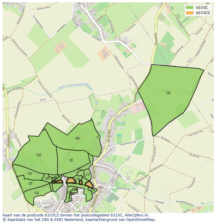 Afbeelding van het postcodegebied 6333 CZ op de kaart.