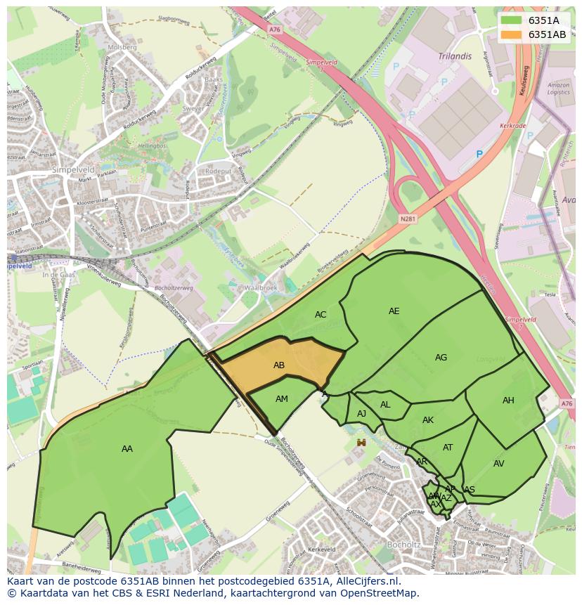 Afbeelding van het postcodegebied 6351 AB op de kaart.