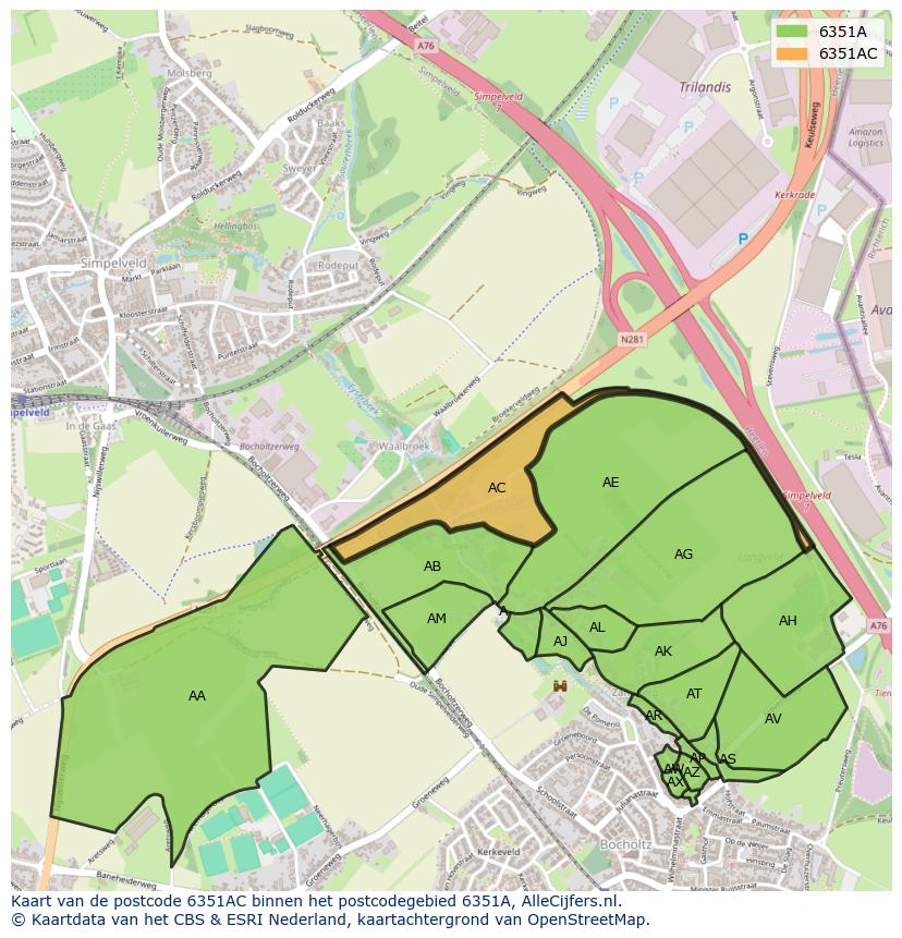 Afbeelding van het postcodegebied 6351 AC op de kaart.
