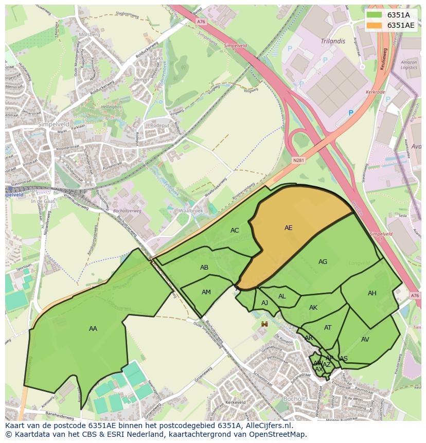 Afbeelding van het postcodegebied 6351 AE op de kaart.