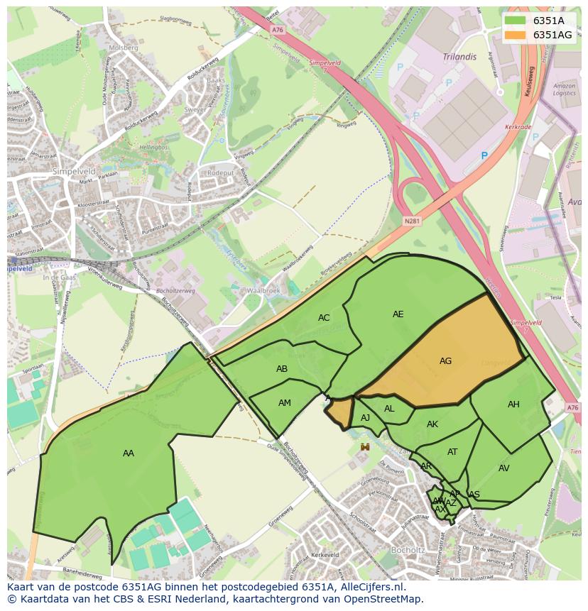 Afbeelding van het postcodegebied 6351 AG op de kaart.