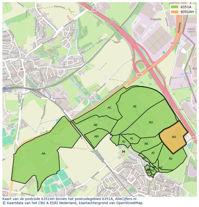 Afbeelding van het postcodegebied 6351 AH op de kaart.