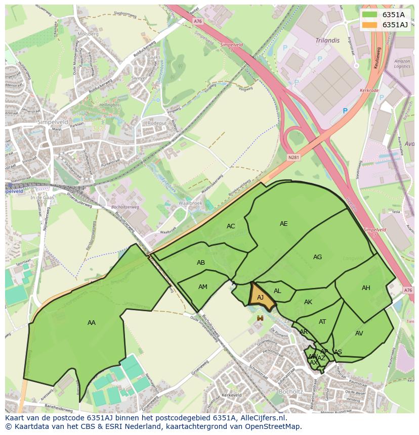 Afbeelding van het postcodegebied 6351 AJ op de kaart.